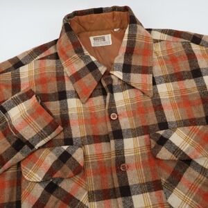 Vintage 1960s Montgomery Ward Plaid Wool Button Down Shirt‎ Mens L Long Sleeve